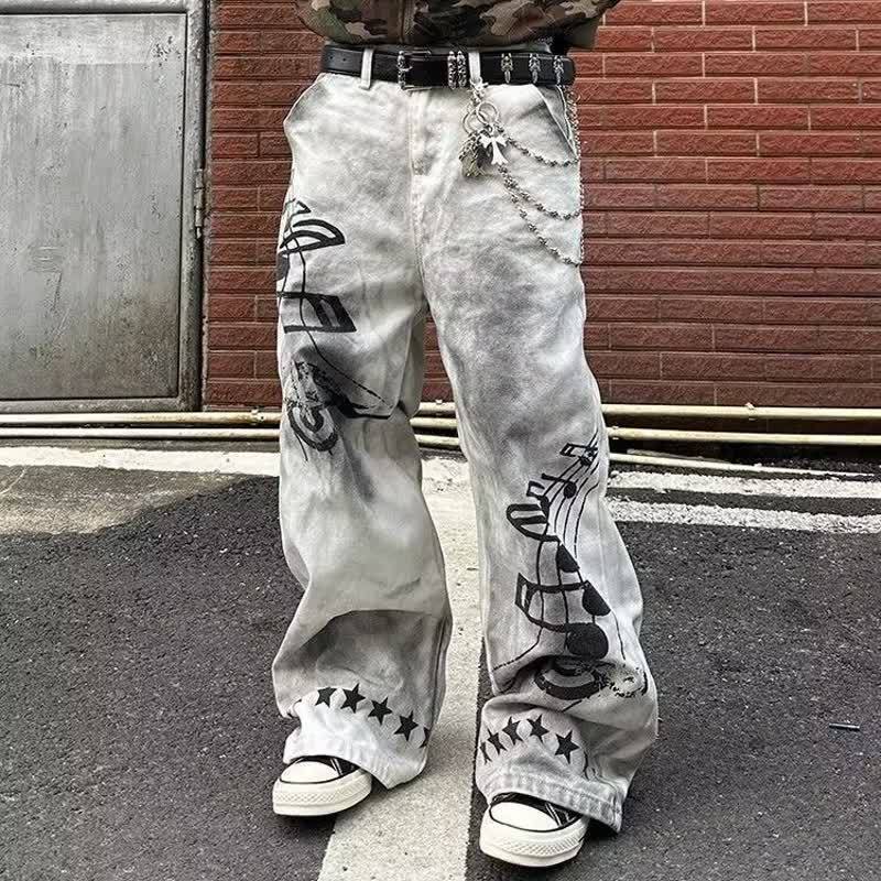 Trendy brand youth style, cool and unique, printed graffiti, slightly flared jeans for men, autumn style, washed, versatile, casual straight-leg men's pants Trendy brand youth style, cool and unique, printed graffiti, slightly flared jeans for men, autumn style, washed, versatile, casual straight-leg men's pants