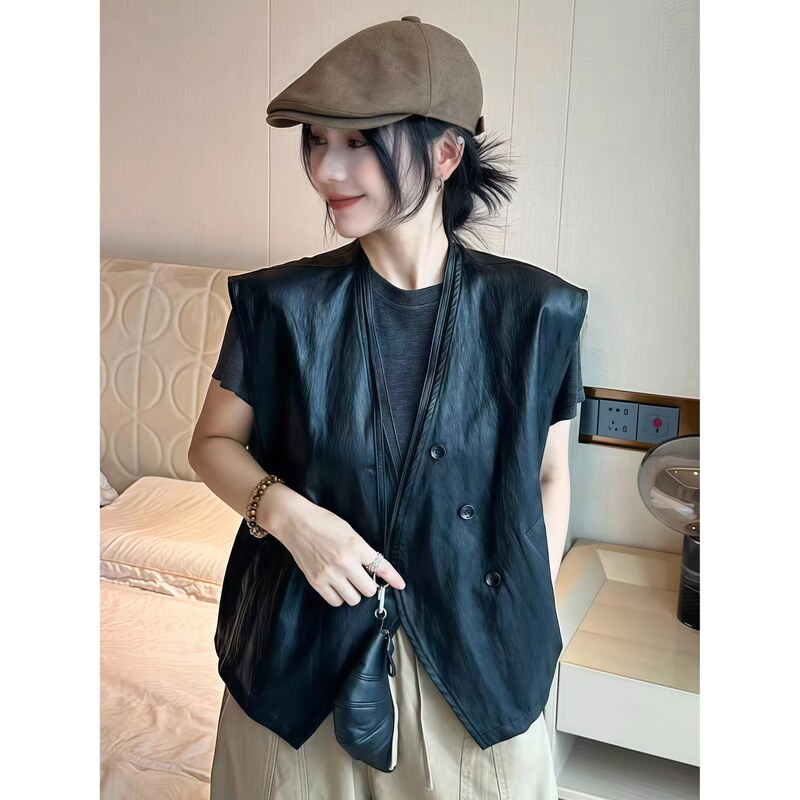 Korean Style Fashionable V Neck Sleeveless Pu Leather Vest for Women 2025 Autum New Design Layered Waistcoat Vest Jacket