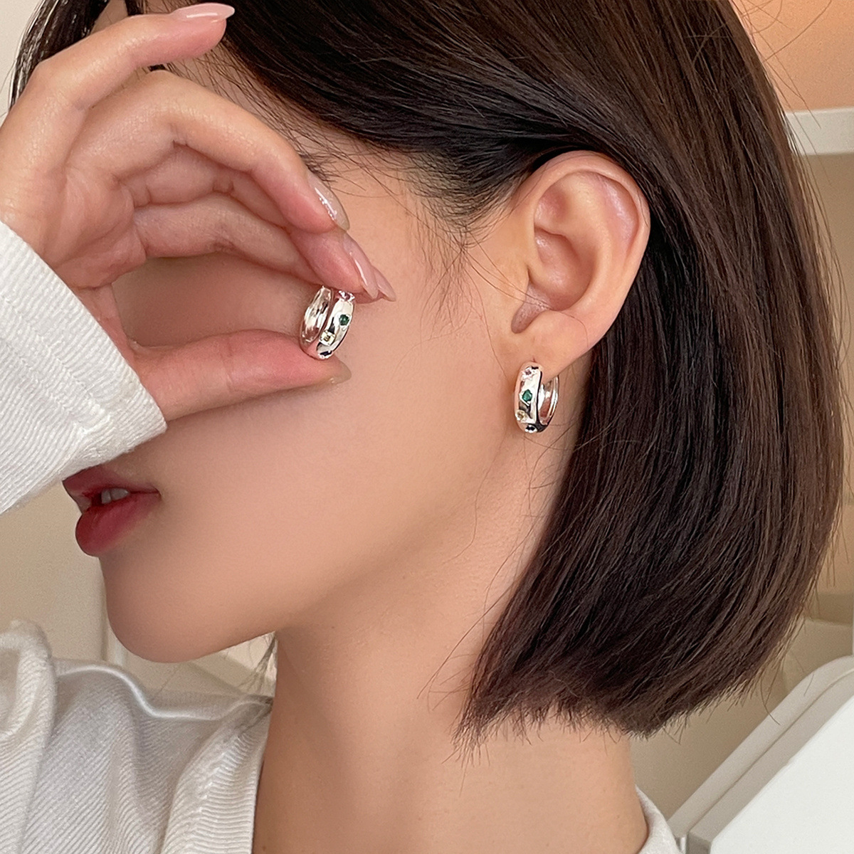 925銀針星石耳環女精緻高級感彩色鋯石耳圈小眾時尚百搭新款耳扣