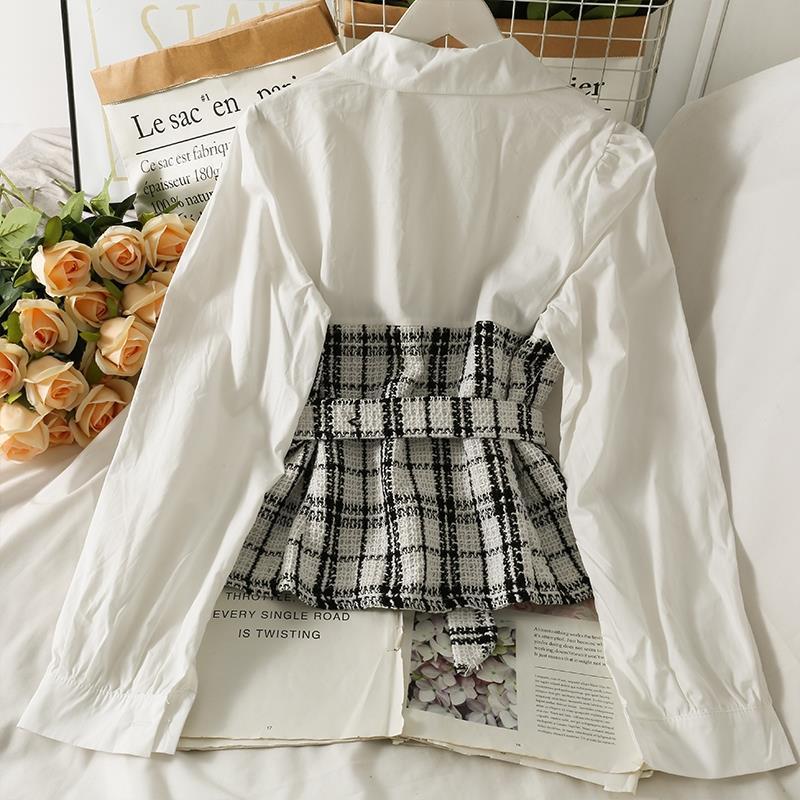 Korean Retro Contrast Color Splicing Tweed Fake Two-Piece Shirt for Women Autumn High Waist Strap Slim Lapel Long-Sleeved Top
