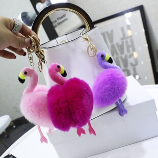 Korean Cute Rex Rabbit Fur Flamingo Fur Bag Pendant Car Keychain Accessory Fashionable Trendy Cute Ornament