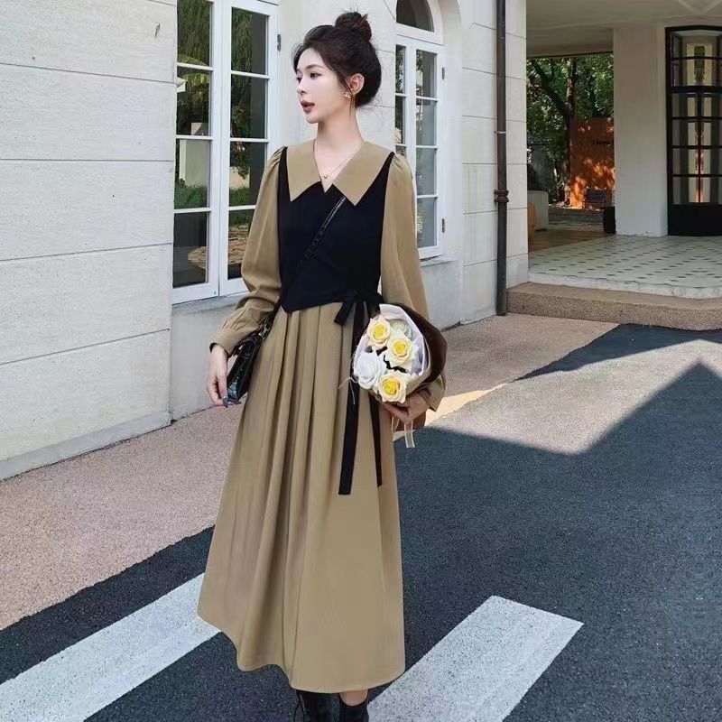 フレンチレトロ長袖フェイクツーピースドレス女性のための2023春の新しい気質スリムヘップバーンスタイルティーブレイクロングドレス|undefined