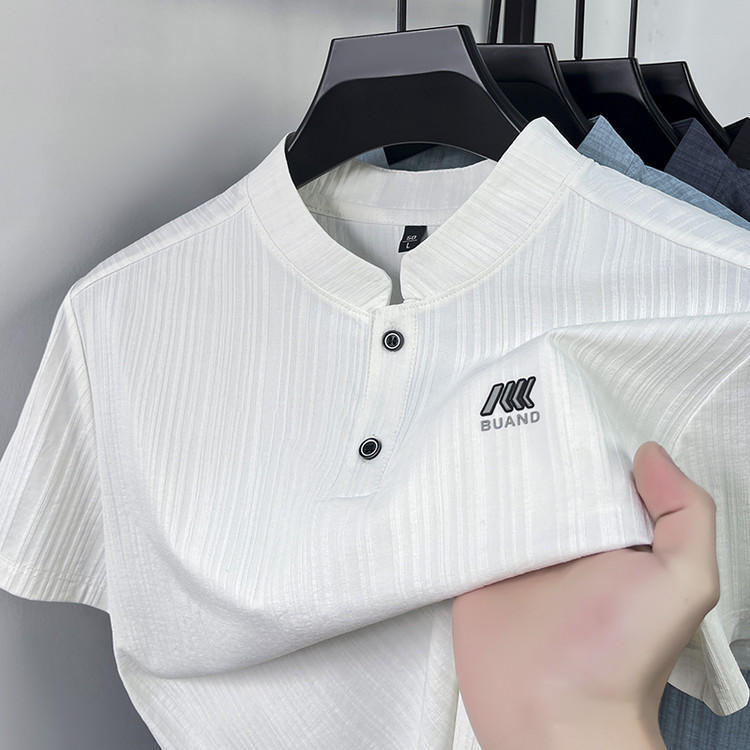 Summer Men's Clothing, Chinese-Style Stand-Up Collar Ice Silk T-Shirt, Breathable Business Polo Shirt, Thin Anti-Wrinkle Casual Dad Wear Short-Sleeved Shirt