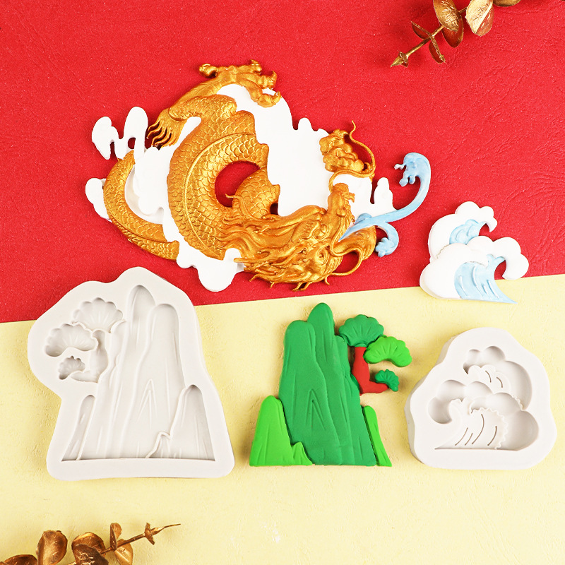 Año Nuevo estilo chino auspicioso dragón spray hornear fondant cake decoración montaña edificio casa chocolate molde de silicona