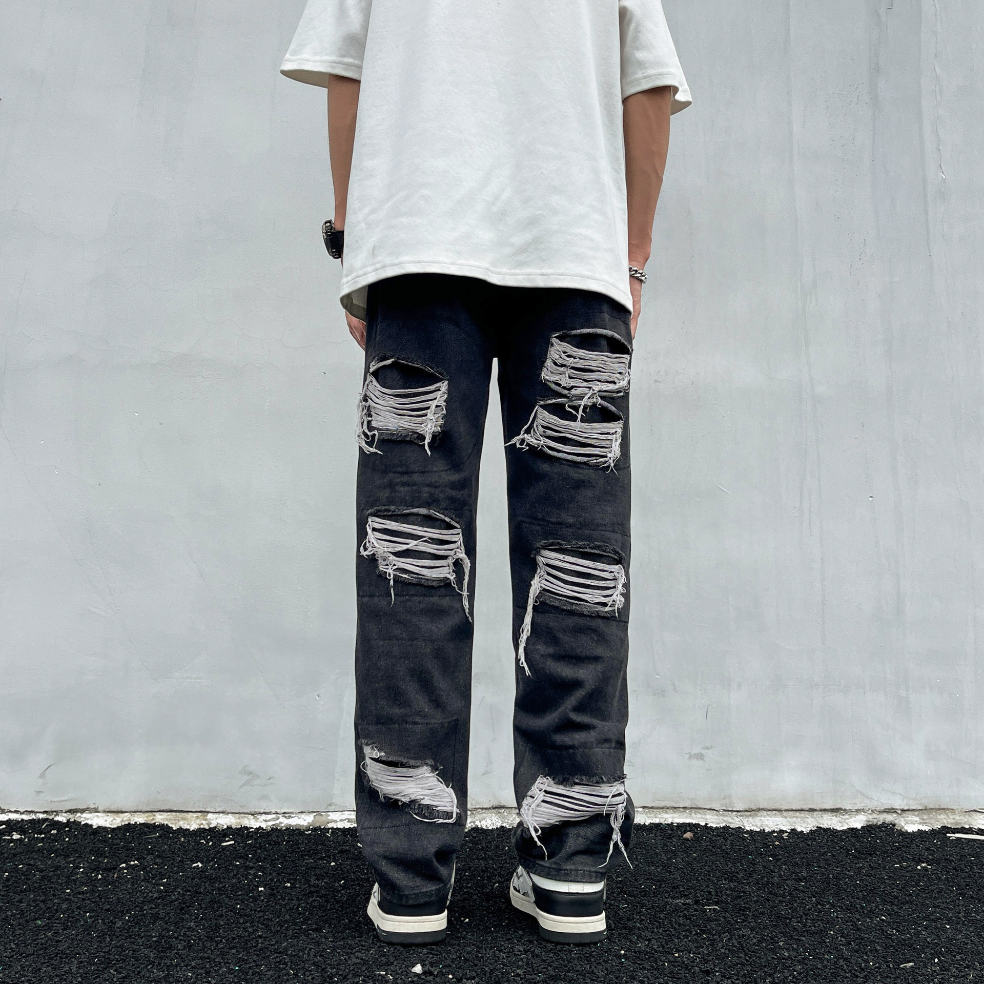 Tie-Dye Ripped Jeans For Men And Women American High Street Vintage Washed Slim Fit Flared Pants_mkmklike.com