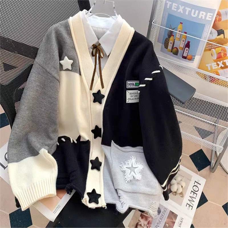 设计感小众毛衣外套女宽松慵懒风秋冬季星星拼接软糯针织开衫上衣|undefined
