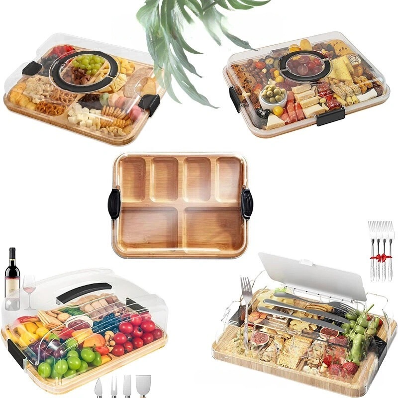 Bamboo Wooden Snack Tray Dried Fruit Tray Household Cheese Set with Lid Cutting Board Fruit Party Cooked Food Snack Platter