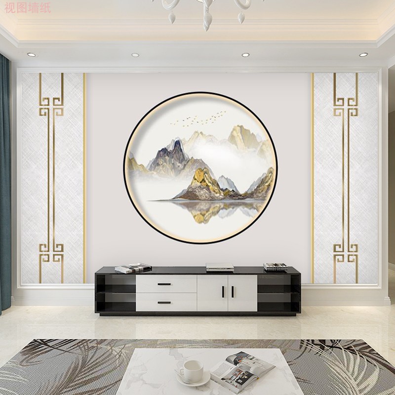 新中式圆型山水电视背景墙壁纸水墨风景画墙布客厅轻奢风墙纸壁画