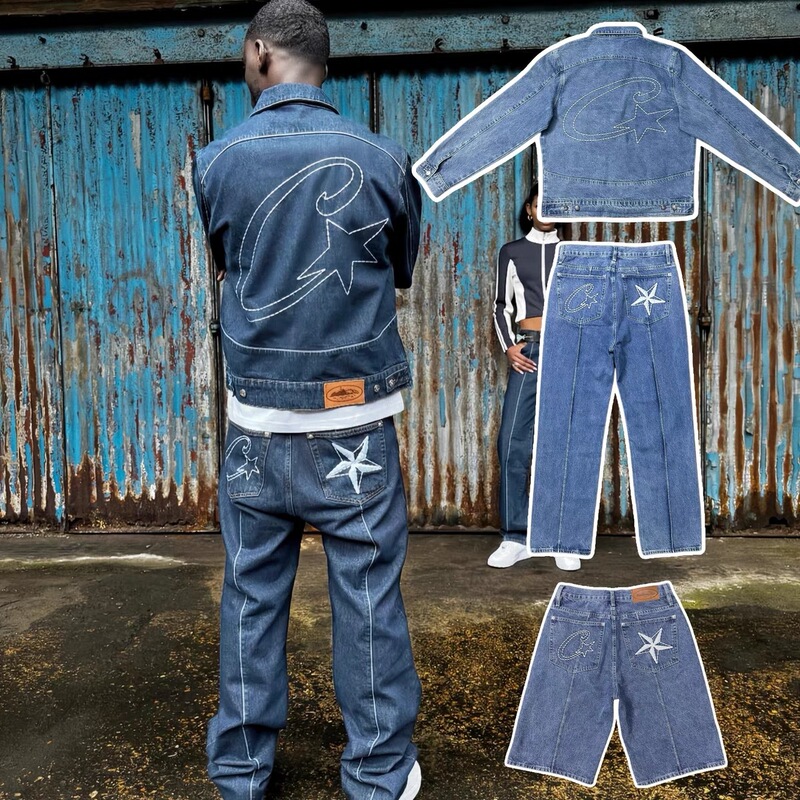 Corteiz Alcatraz Jeans New Star Embroidery American High Street Retro Distressed Casual Five-Point Pants Trendy