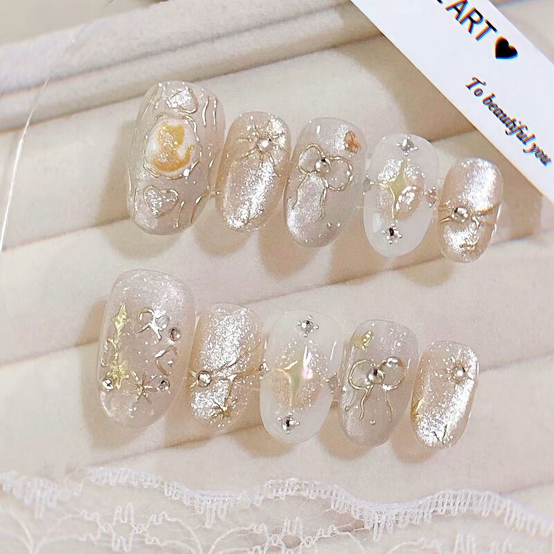 2025 New White Cat's Eye Champagne Wear Armor Gold Bow Love Manicure Patch