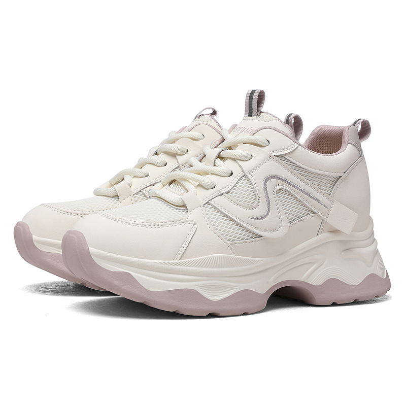Versatile New Dad Sneakers, Fashionable Spring Mesh Breathable White Shoes, 5cm Thick Sole Height-increasing Casual Sports Women's Shoes_vogvips.com
