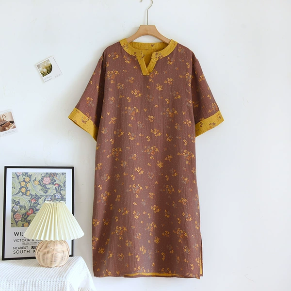 Retro short-sleeved skirt-freehand life yellow camel