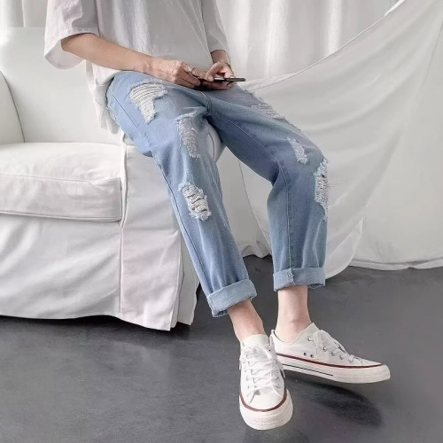 Summer and Autumn Men's Fashion Brand Jeans, Men's Korean Style Casual Personalized Frayed Trend 9/10 Jeans