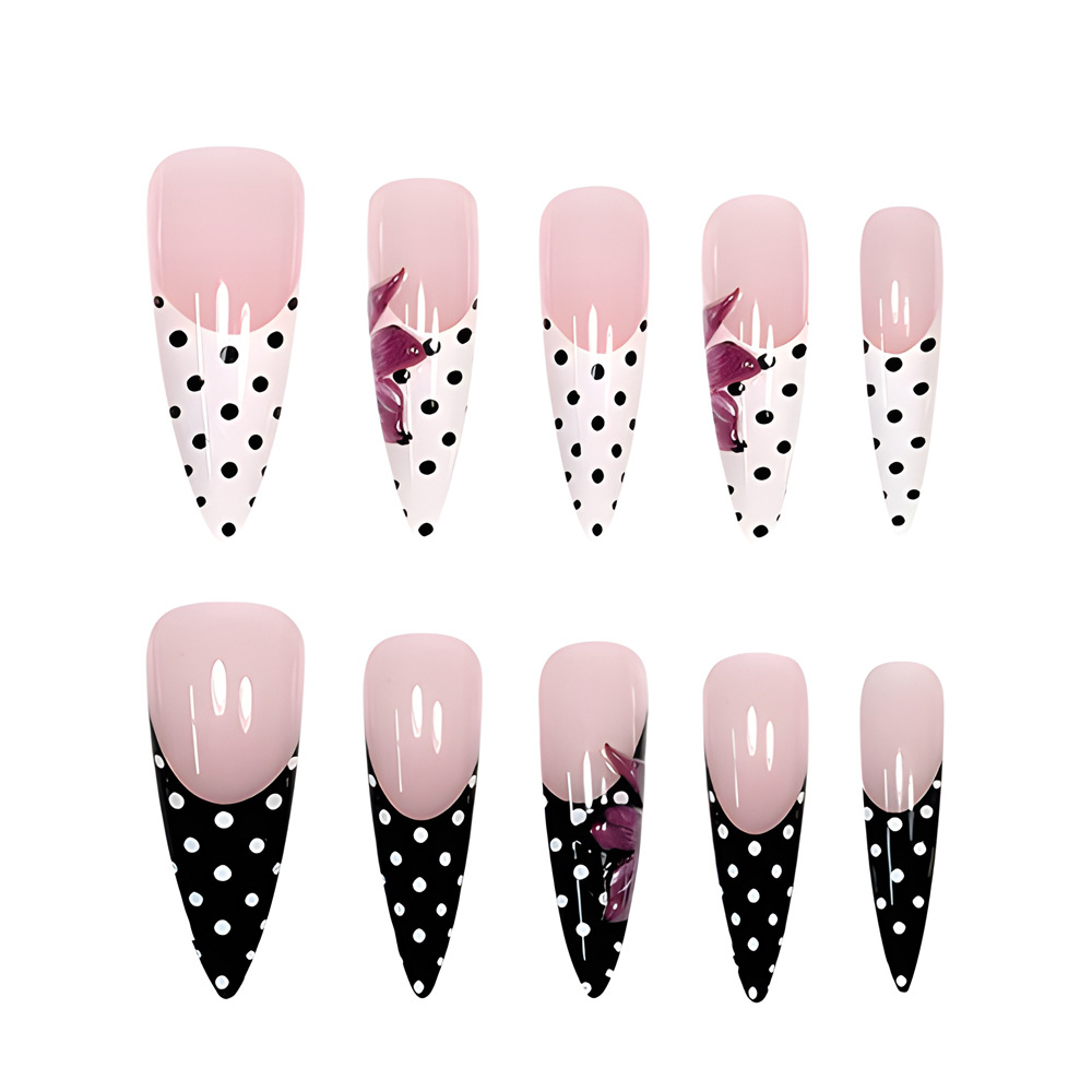 Polvo desnudo blanco y negro ondulado punto de manicure francés 3D flor roja tridimensional desgaste de uñas transfronterizas 24 piezas de parche de uñas