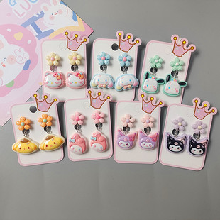 Student cute resin glossy rabbit Cat Little Devil cartoon ear clip flower pendant girl earrings accessories