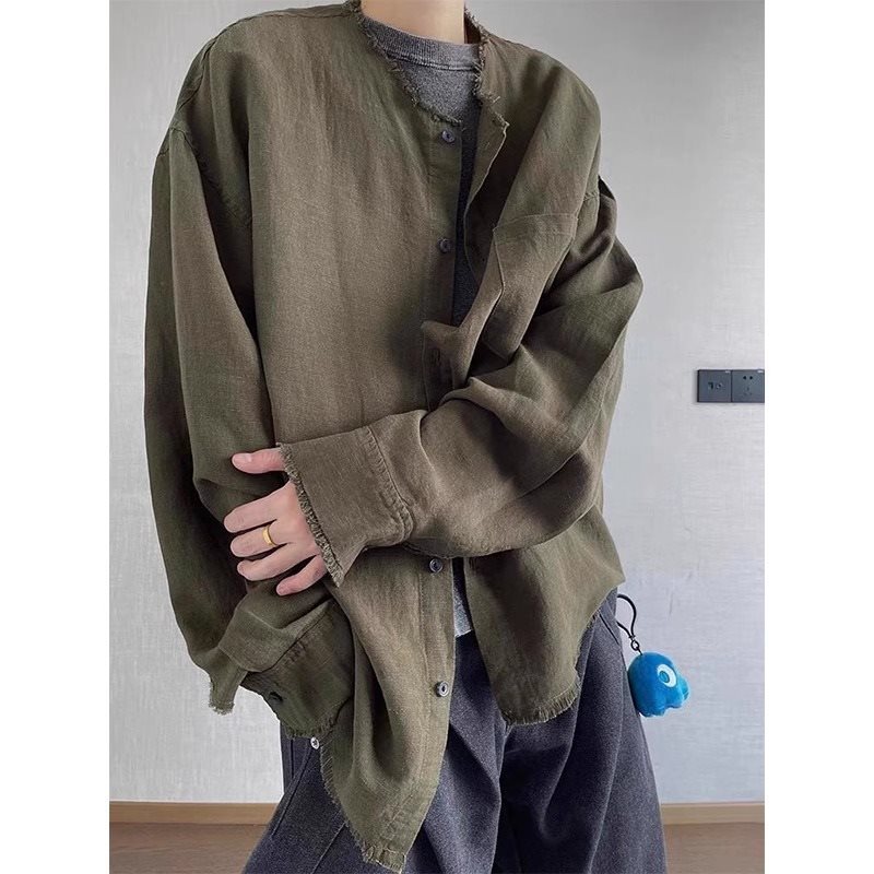 绿色毛边亚麻老钱风衬衫男款夏季慵懒风长袖衬衣cleanfit防晒外套|undefined