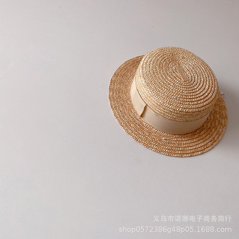 Sombrero de paja de trigo plano para niños, estilo coreano, para playa, ala ancha, protección solar, moda