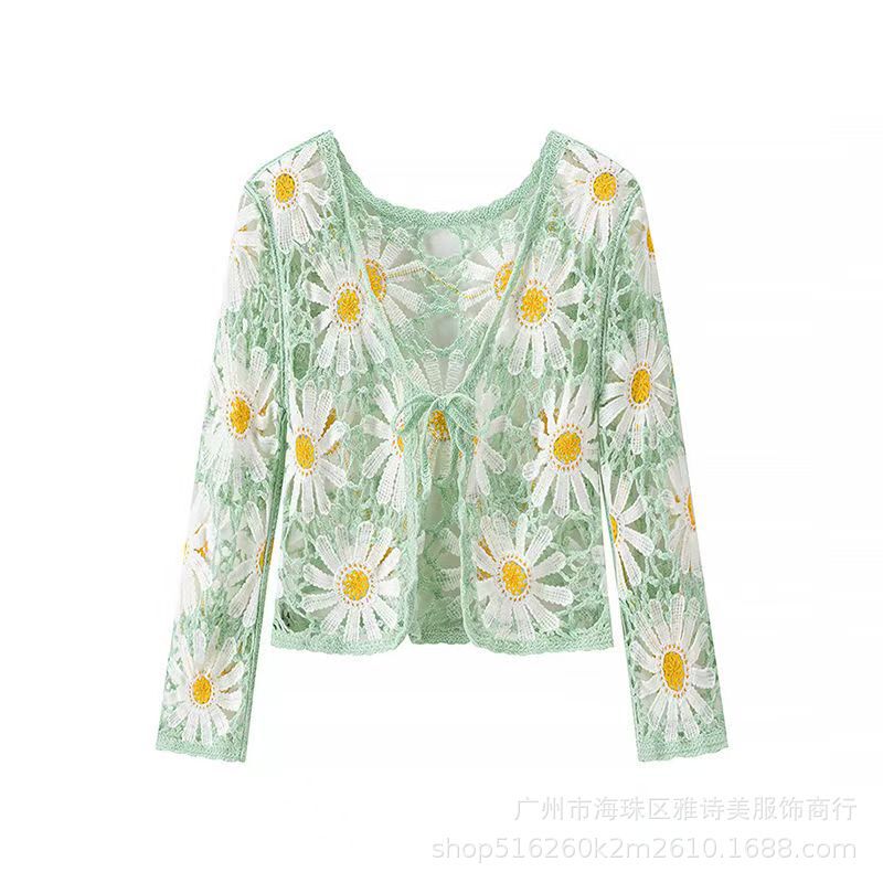 New Sweet V-Neck Floral Hollow-Out Lace-Up Knit Sweater for Women, Unique Design, Crochet Loose Cover-Up Top, Trendy New Sweet V-Neck Floral Hollow-Out Lace-Up Knit Sweater for Women, Unique Design, Crochet Loose Cover-Up Top, Trendy