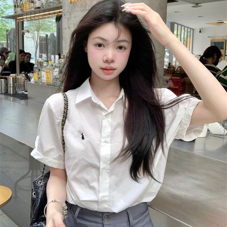 学院风减龄刺绣短袖衬衫女装夏季2024新款宽松时尚百搭中长款上衣