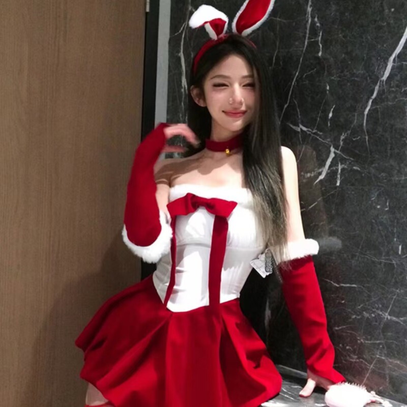 Christmas Costume Atmosphere Wearing Velvet Strapless Red dress Women's Autumn and Winter suit Dress Bow