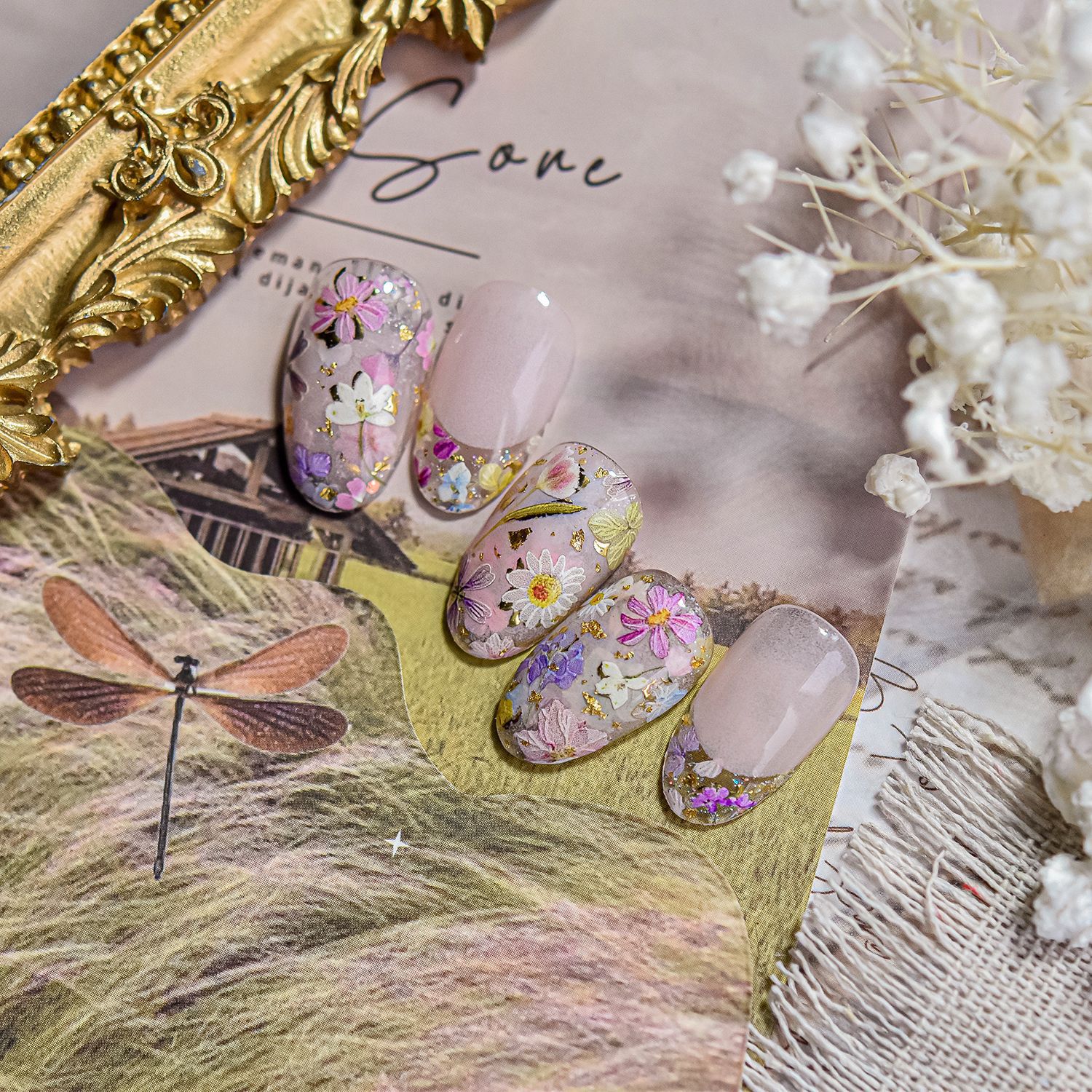 Manicura nueva celebridad de Internet lámina de oro joyería de flores secas pegatinas de uñas estilo japonés caliente pegatinas de uñas estilo antiguo joyería de uñas de hadas