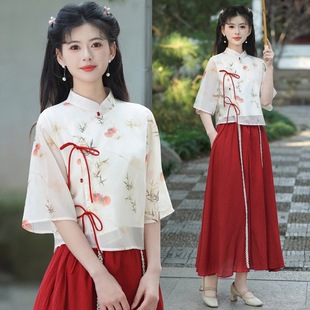 Real Shot New Chinese Style National Style Improved Cheongsam Printed Jacket Two-Piece Set Retro Art Girl Working suit