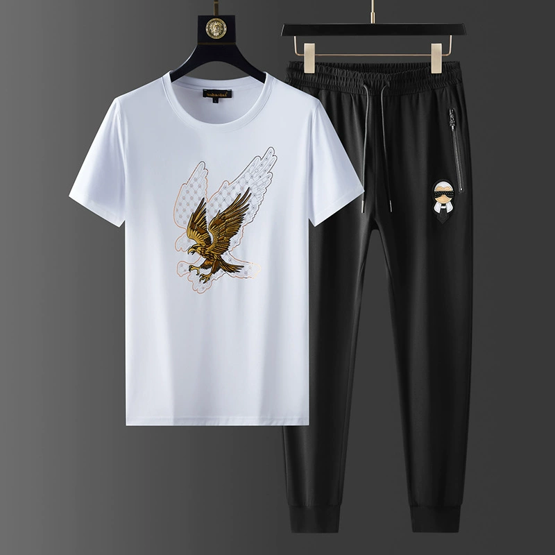 Европейская станция из мерсеризованного хлопка, мужская летняя новая футболка с короткими рукавами, костюм Dapeng, повседневные брюки с горячими бриллиантами, комплект из двух предметов