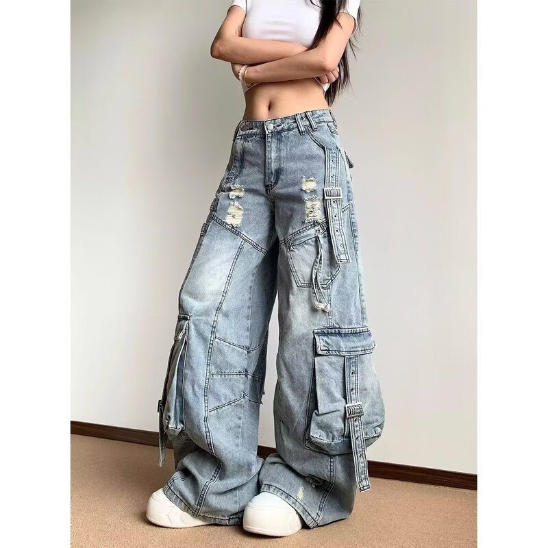 Women's Denim Work Pants 2026 New Design with a Wasteland Style, Low Waist, Asymmetrical Ribbon, Washed and Distressed Long Pants