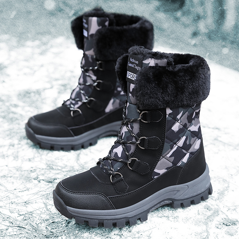2025 transfronterizo de tamaño grande de soleas gruesas otoño y invierno nuevas botas de nieve cálidas de vello al aire libre zapatos de algodón camuflado verde