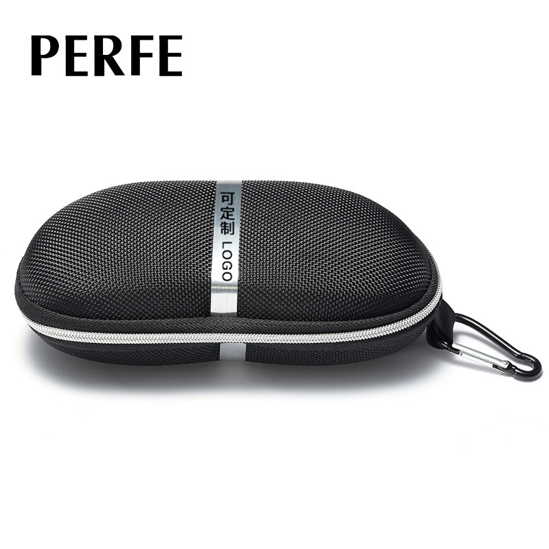 Processing and Customization of Eva Sunglasses Box, Customized Logo Zipper Box, Silver and White Strip Portable Carabiner Box