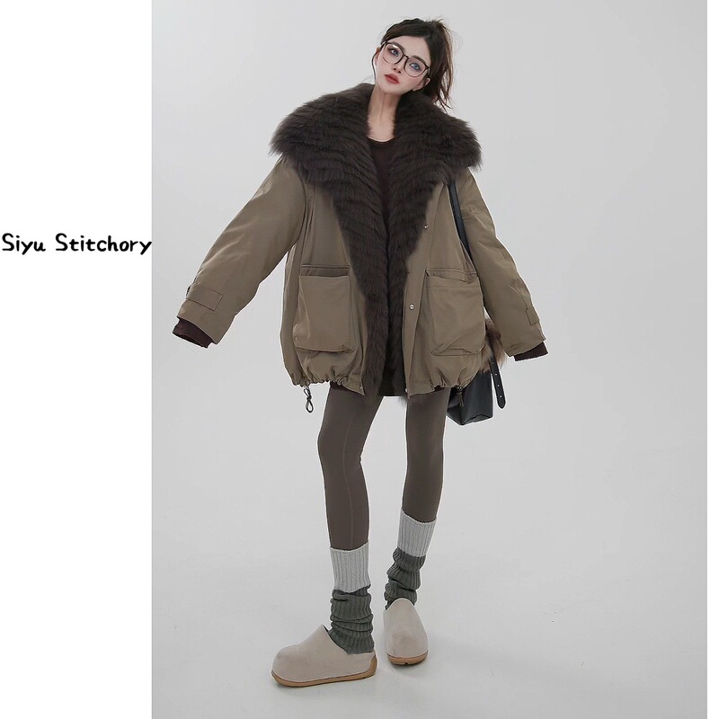 Siyu 2025 New Model Oversized Fox Fur Collar Goose down Liner down Jacket Fur Mid-Length Coat for Women