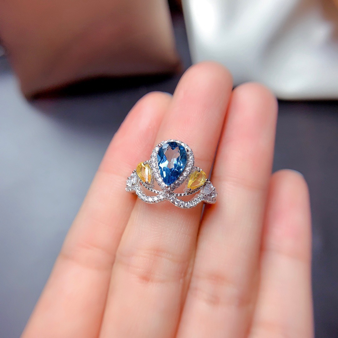 Copper Ring Simulation Natural London Blue Topaz Two-tone Crown Ring Female display picture 3