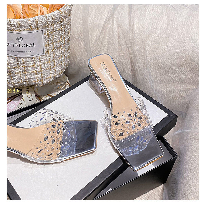 Dép sandal nữ quai ngang mũi vuông đính pha lê, đế dày gót vừa 3–5 cm — Màu bạc, Màu hồng nude, Màu mơ Nude chi tiết 33