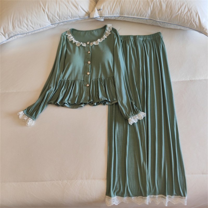 帶胸墊一體式睡衣女春秋冬季長袖花邊性感純欲風莫代爾家居服套裝