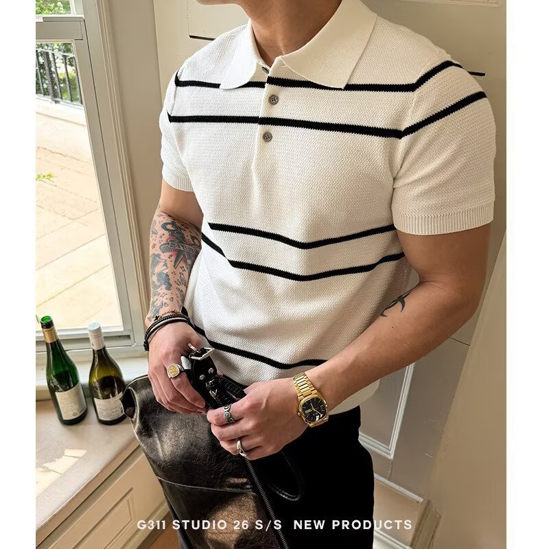 Camisas de polo de manga corta de estilo antiguo, camisetas de punto de hombre, camisetas de negocios de verano a rayas, fábrica al por mayor.