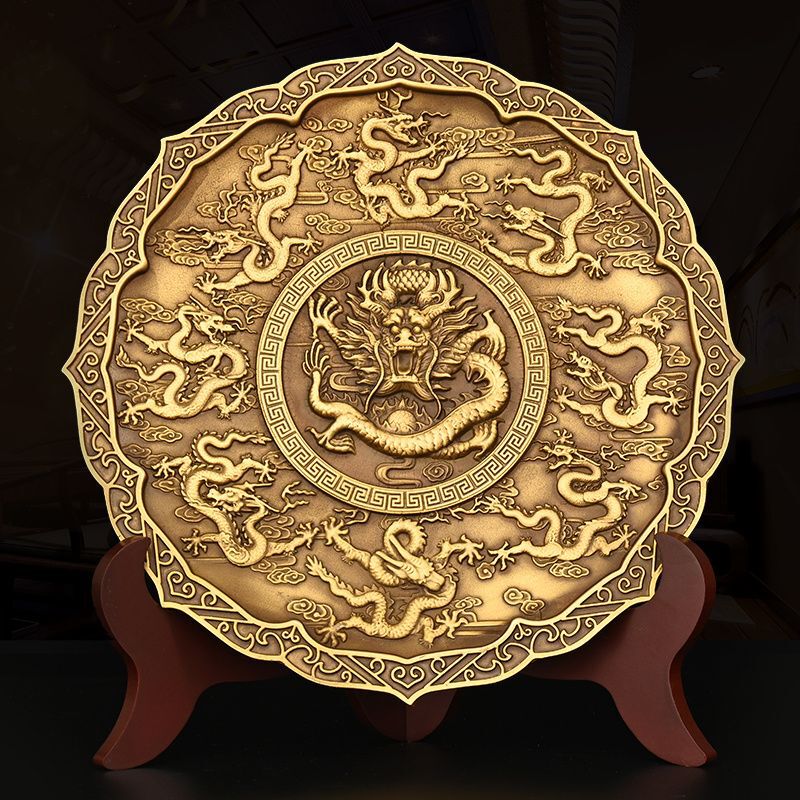 Copper Nine Dragons Plate Ornament, Antique-Style Dragon Pattern Plate, Copper Plate for Home and Store Decoration, Large Nine Dragons Wall Plate with Stand