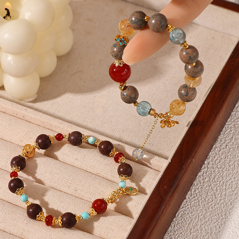 Nuevo estilo chino de perlas de ágata rojo amarillo cristal de cristal de azul azul imitación de piedra turquesa natural pulsera de cuentas pulsera de pulsera mujer