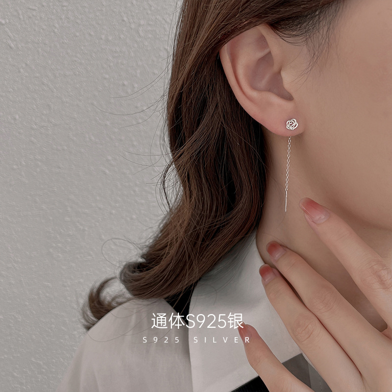 貝菲S925銀玫瑰花耳線女小眾高級感花朵耳環新款潮養耳洞流蘇耳飾