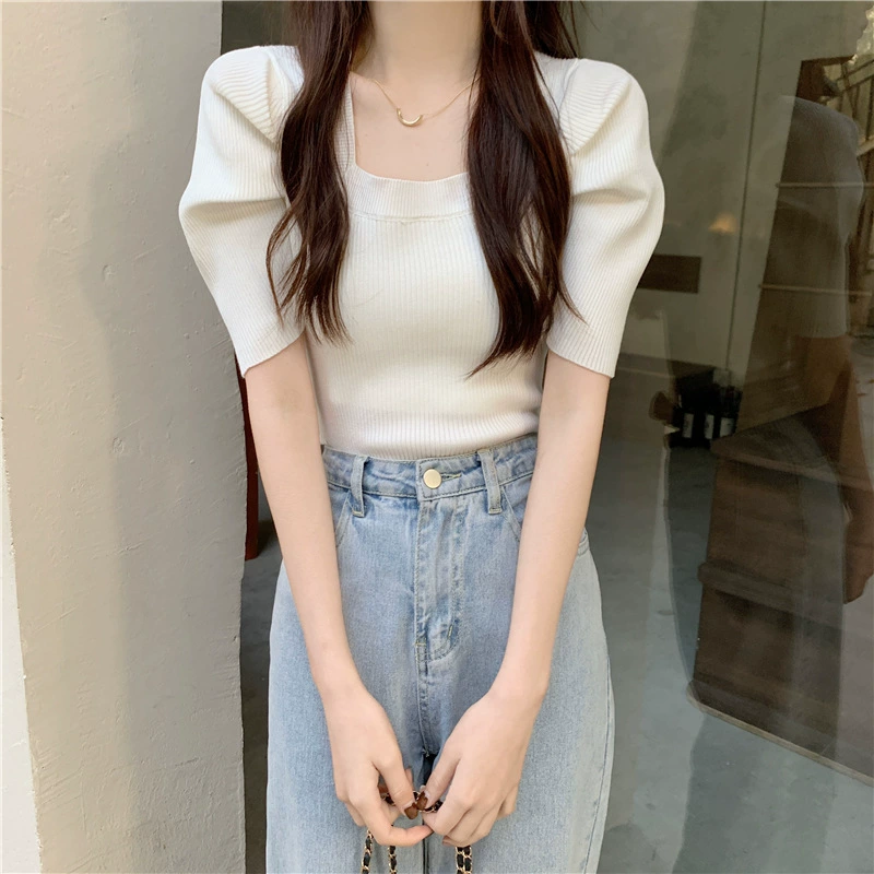 IT2 Квадратный ошейник с французским пузырьком рукава Hyunda вязаный свитер с короткими рукавами женский 2024 летом