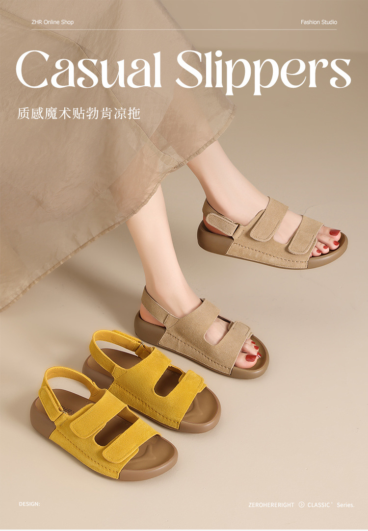 Dép Birkenstock nữ đế bằng quai chữ V dán Velcro, dép thời trang mùa hè đi biển — IL02 màu vàng chi tiết 3