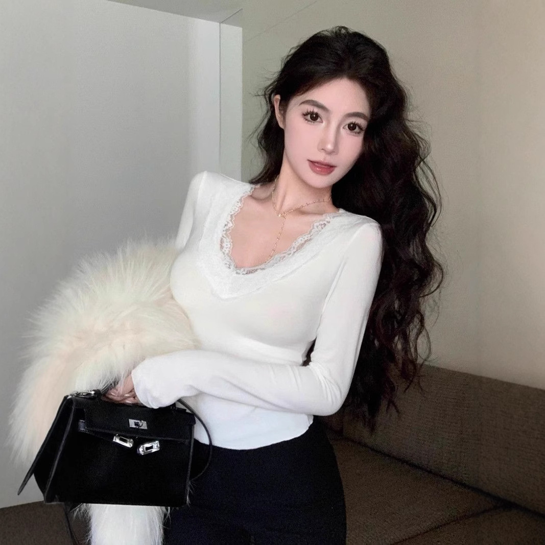 Pure Desire Lace V-neck Base T-shirt Women's Autumn and Winter 2024 New Slim-fit Slimming Elastic Inner Short Long-sleeved Top