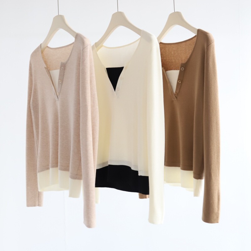 Half-open Button Fake Two-piece Stacked Straight-tube Sweater Women's Autumn and Winter New Color Matching Wool Blended Inner Top