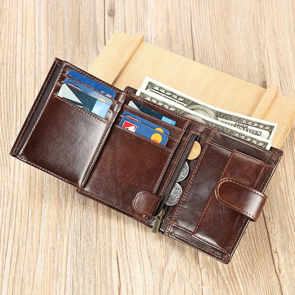 Ví nam da bò gập ba chống trộm RFID nhiều ngăn thẻ — Màu đen, Màu đen vân phẳng, Màu cà phê, Cà phê dầu