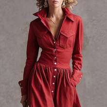 2025新款跨境外贸女装欧美独立站复古纯色寸衫领修身长款连衣裙女