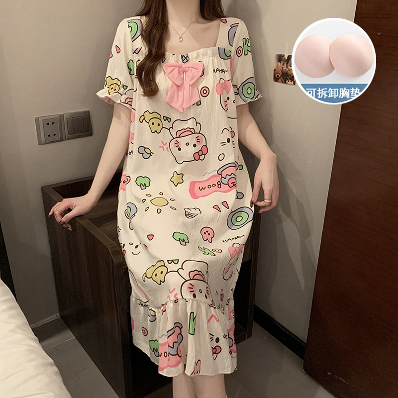 2025 verano nuevo hogar ropa de mangas cortas pijama de niñas cuello cuadrado de encaje dulce nube de algodón cojín de pecho pijama