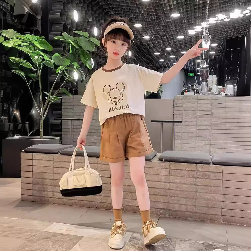 跨境外贸工厂直销新款洋气时髦休闲童装韩版儿童女大童短袖短裤潮