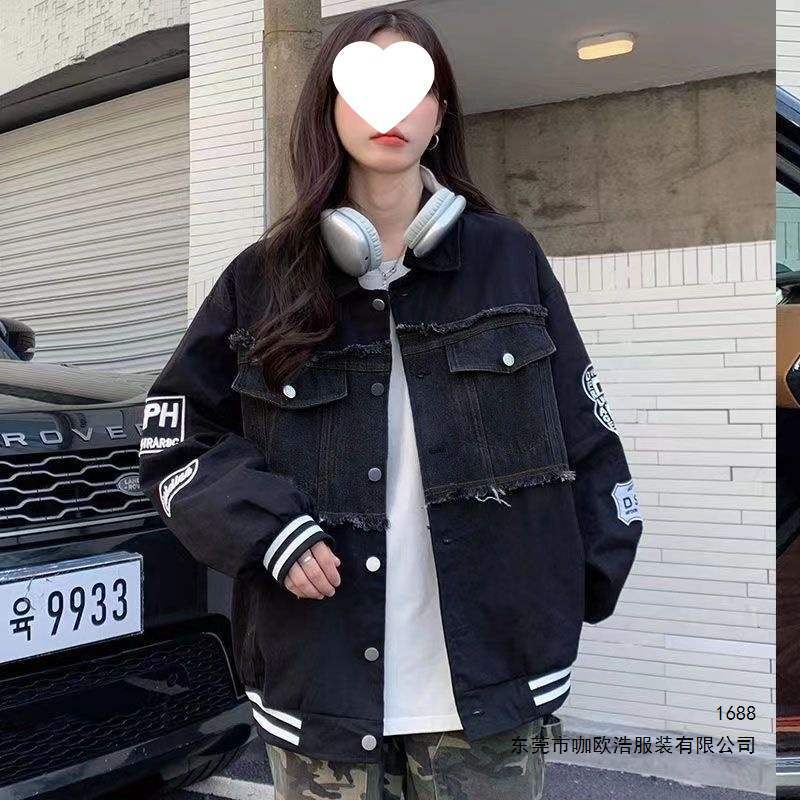 New autumn denim patchwork jacket for men and women, ins Hong Kong style trendy brand, loose biker jacket, casual couple's top