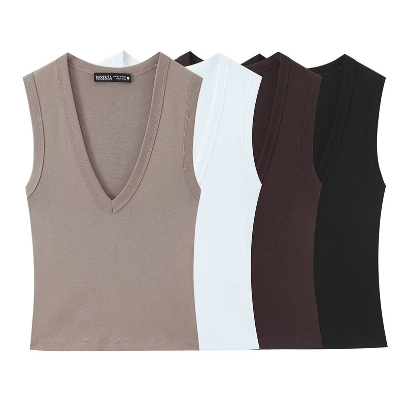 Pb&Za Women's Clothing 2026 Summer New Style Four-Color Sleeveless V-Neck Cotton Slim-Fit V-Neck Tank Top T-Shirt 4174301 Pb&Za Women's Clothing 2026 Summer New Style Four-Color Sleeveless V-Neck Cotton Slim-Fit V-Neck Tank Top T-Shirt 4174301