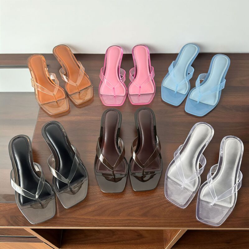 European and American Popular Square-Toe Jelly Heel Flip-Flops, Wine Glass Heel Transparent Crystal Shoes, Beach Thong Sandals for Women European and American Popular Square-Toe Jelly Heel Flip-Flops, Wine Glass Heel Transparent Crystal Shoes, Beach Thong Sandals for Women