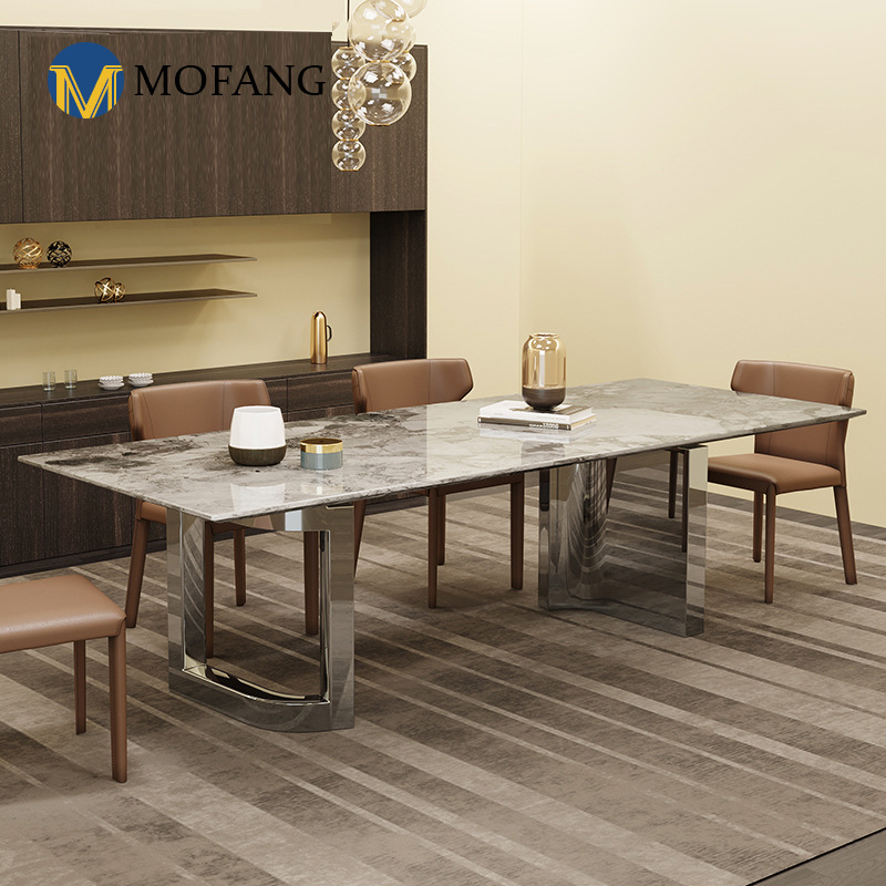 Venetian Brown Natural Marble Dining Table and Chair Set, Designer Light Luxury Rectangular Home Dining Table, Italian Minimalist Style